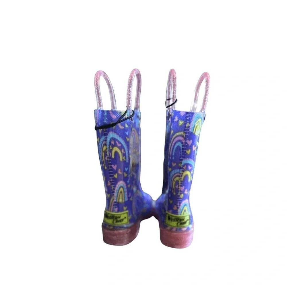NWT Western Chief Toddler Girls‎ Abby Rainbow Hearts Glitter Light-Up Rain Boots
